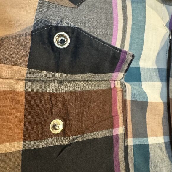 Wrangler Men's 15 - 34 Western Pearl Snap Plaid Shirt Long Sleeve Brown Blue - Picture 9 of 9